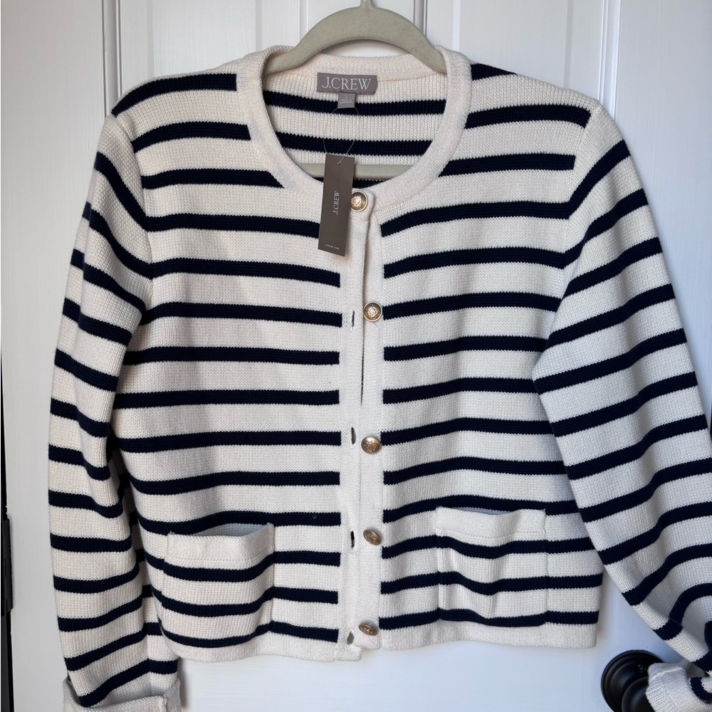NWT J.Crew Women's Emilie Patch Pocket Sweater Lady Jacket -Navy and White